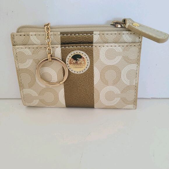 COACH Skinny Key Ring Card Case Small Wallet Gold Beige Leather Zip Signature - Picture 1 of 7